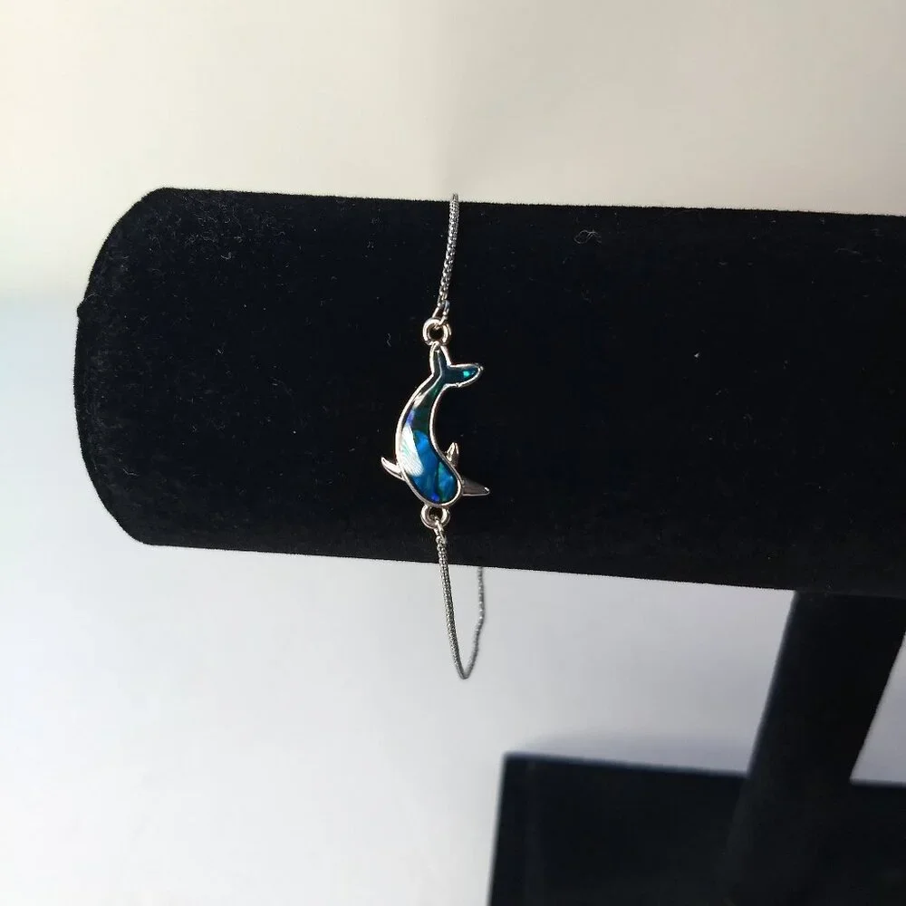 Silver Tone Dolphin Bracelet Adjustable Blue Stone Inlay Beach Summer Vacation